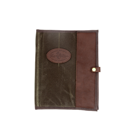 Brown leather and fabric padfolio cover with a logo. 